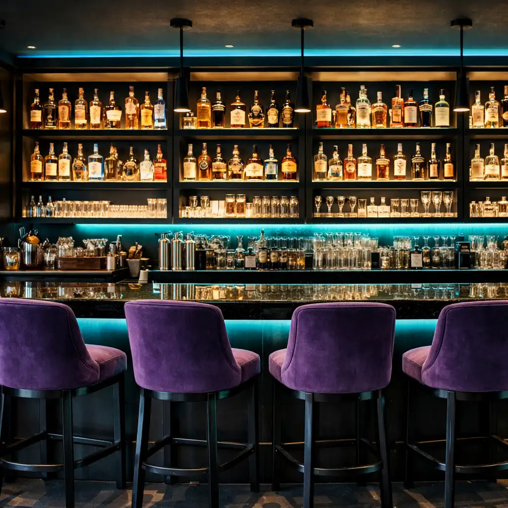 Bar area with polished black granite counter, backlit shelves of premium spirits, and deep violet velvet stools