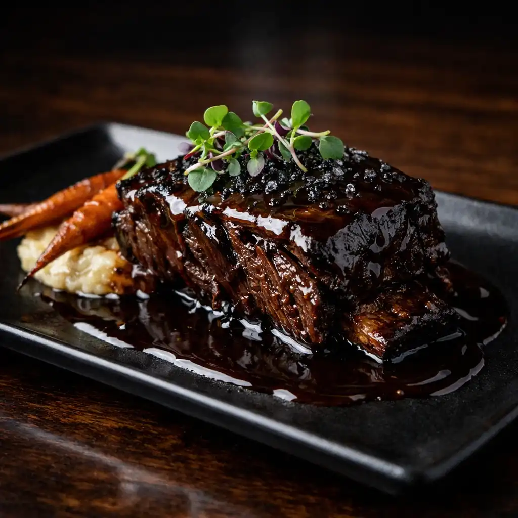 Blackjack Braised Short Rib with glossy dark sauce and truffle mashed potatoes