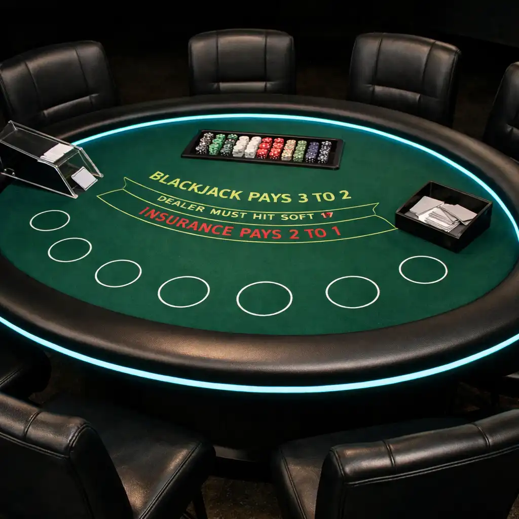 Blackjack table with sleek black finish, cyan edge lighting, card shoe, and discard tray