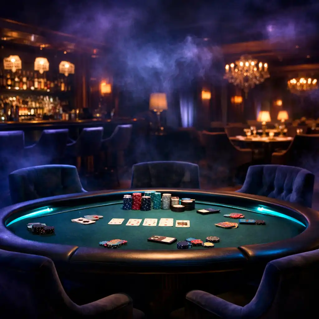 Casino lounge with a physical poker table and elegant decor