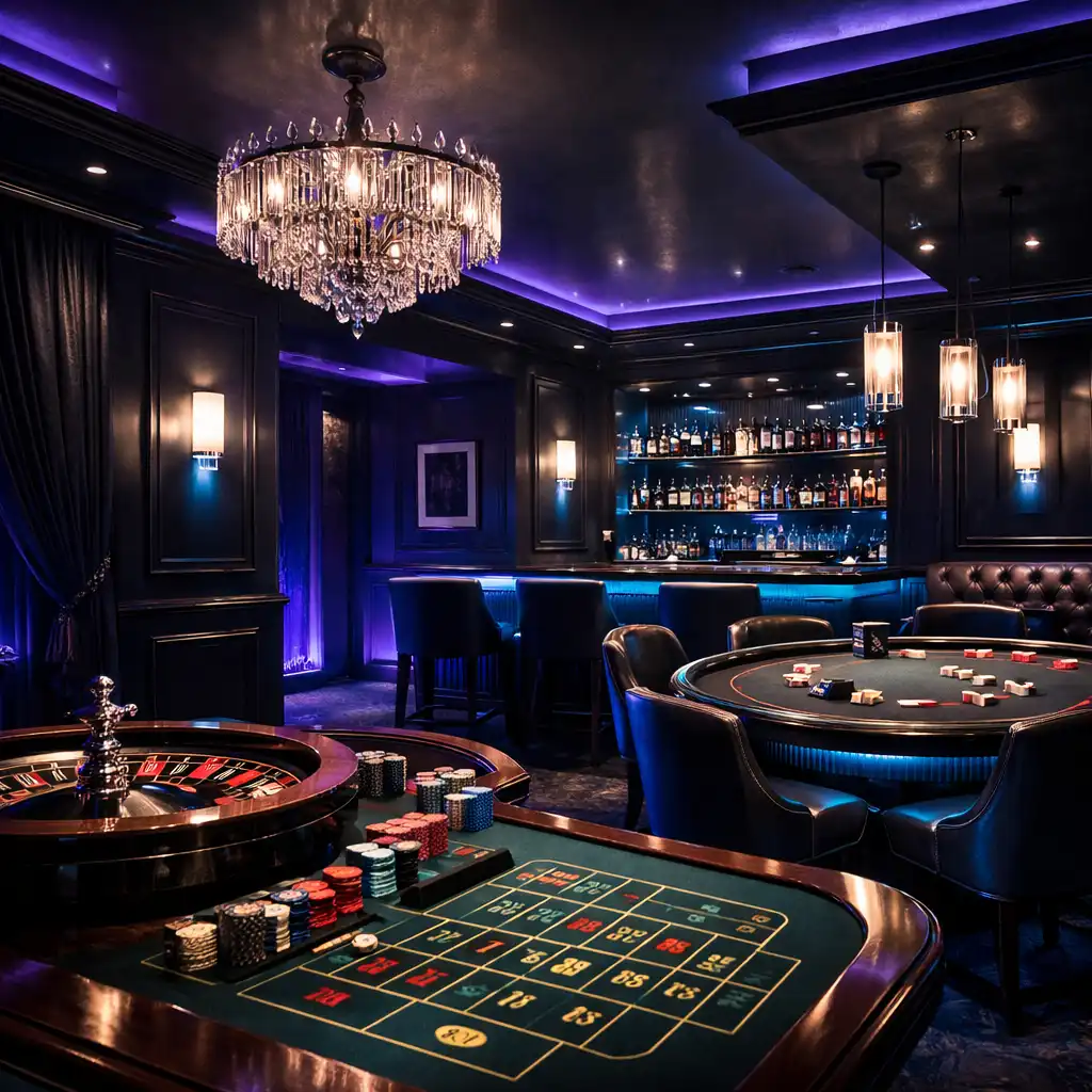 Luxurious casino lounge with a roulette table in the foreground and blackjack tables in the background