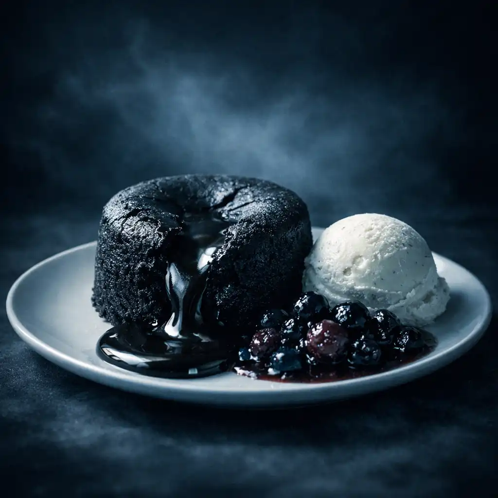 Dark chocolate fondant with molten center, vanilla bean ice cream, and berry compote