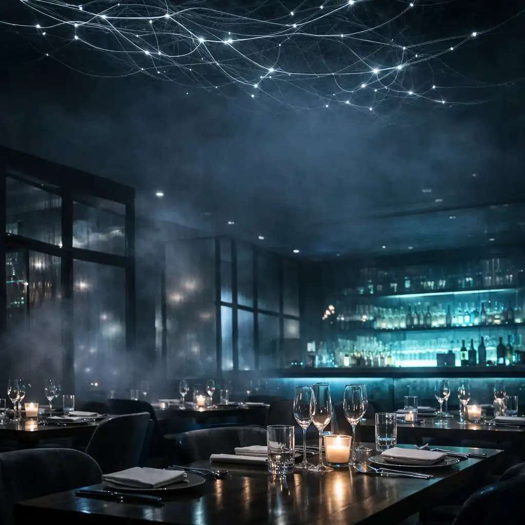 Elegant restaurant interior with charcoal walls, smoky glass, and a glowing bar in the background