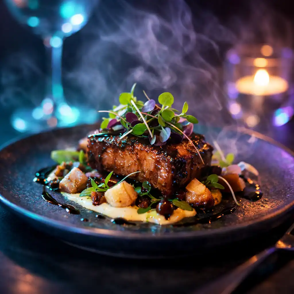 An exquisite plated dish on a dark table with soft cyan and violet accent lighting