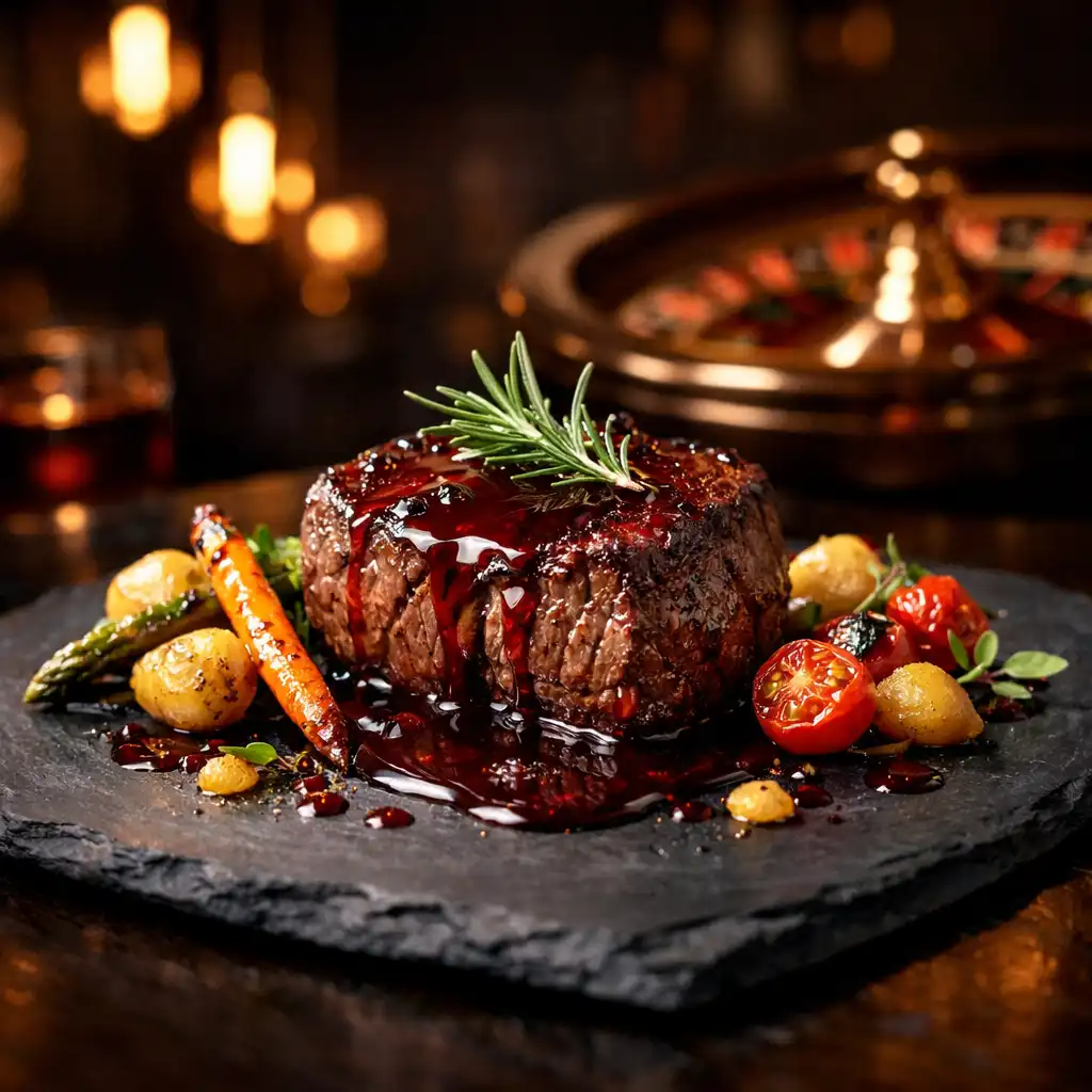 A seared steak with red wine reduction and roasted vegetables on a dark slate plate, with a softly blurred restaurant background