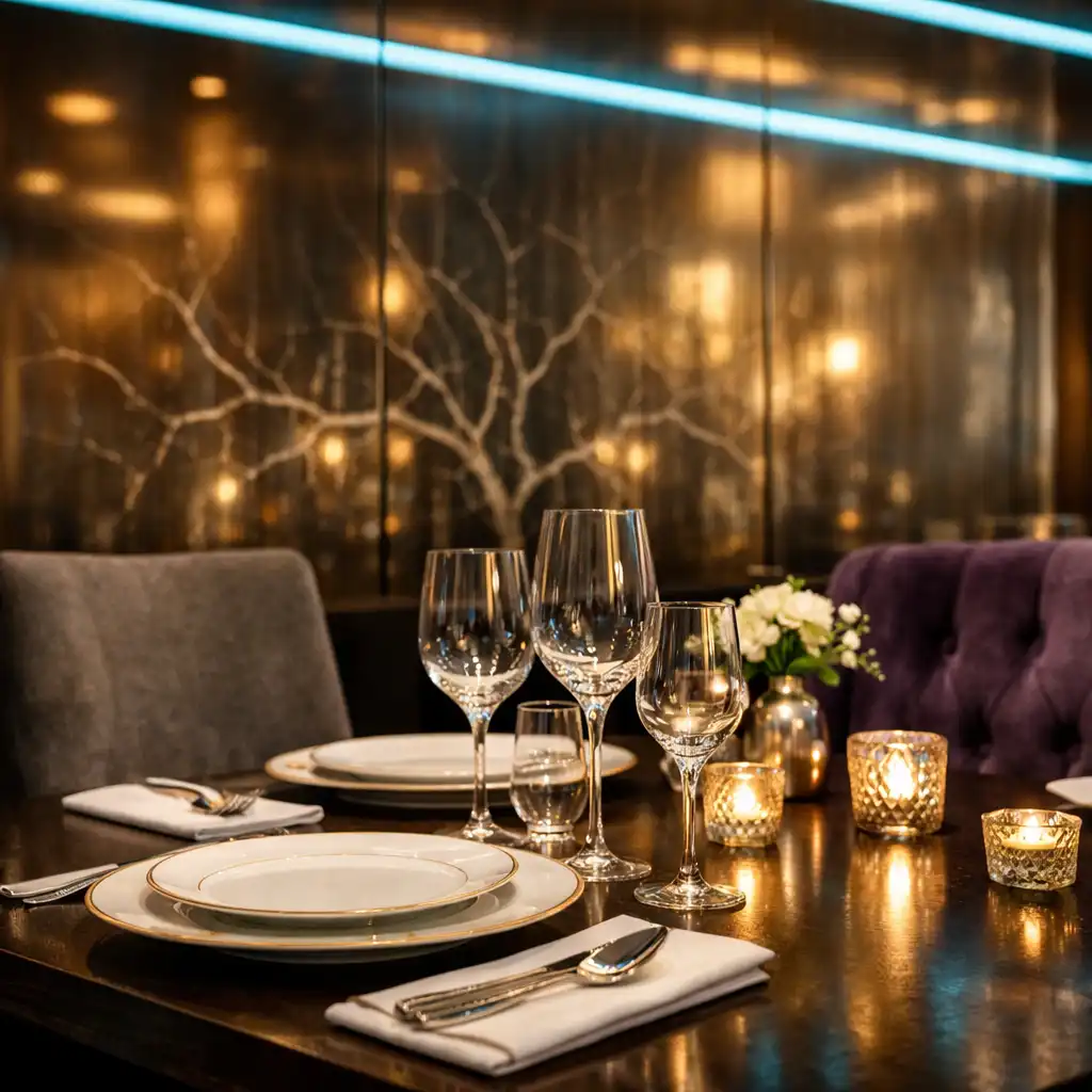 Dining table set with fine china and silverware, surrounded by plush charcoal and violet upholstered chairs