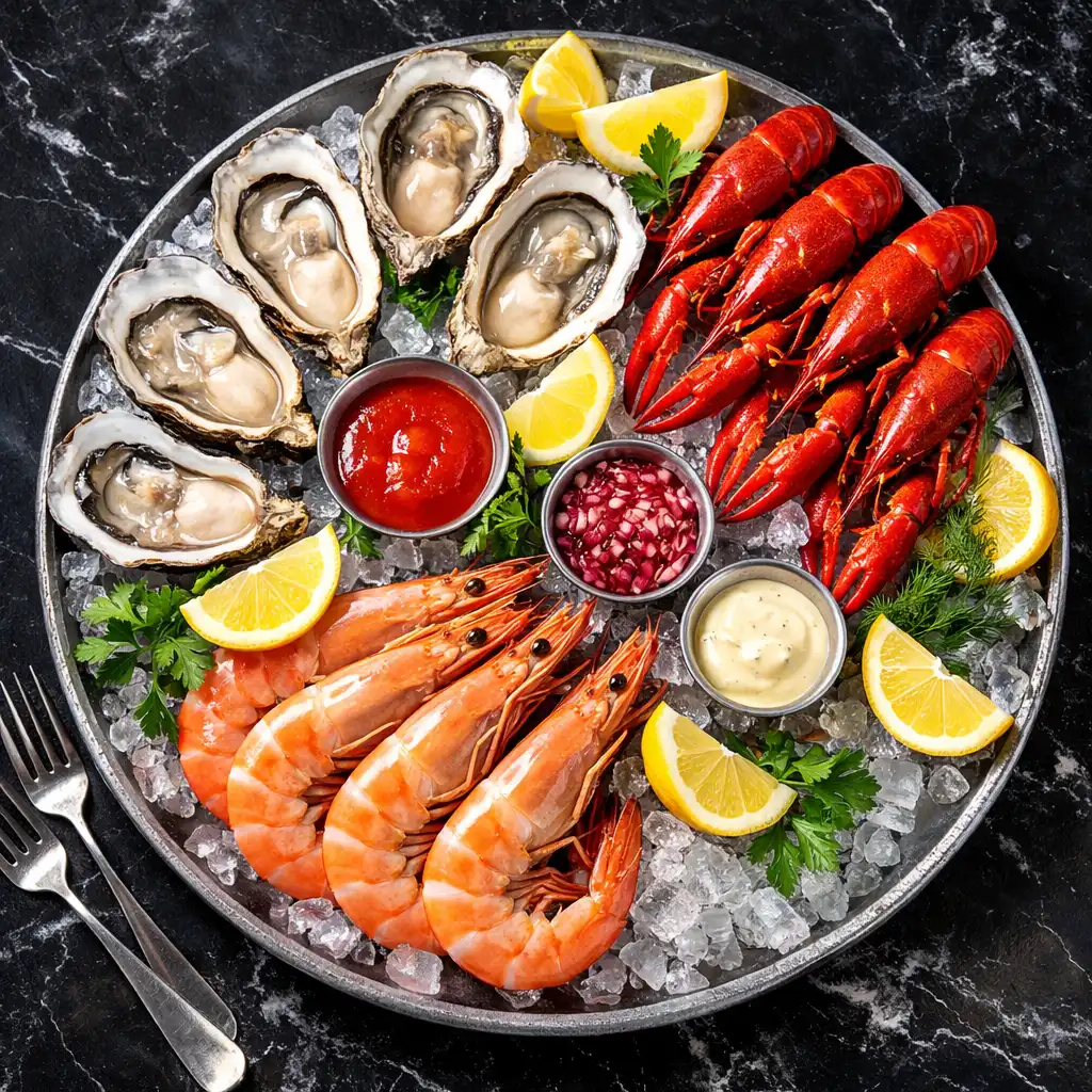 High Roller Seafood Platter with oysters, prawns, and crayfish on ice