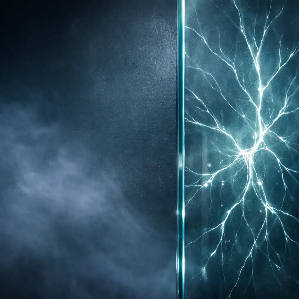 Close-up of a smoky glass panel with a neural-like glowing thread pattern against a charcoal wall