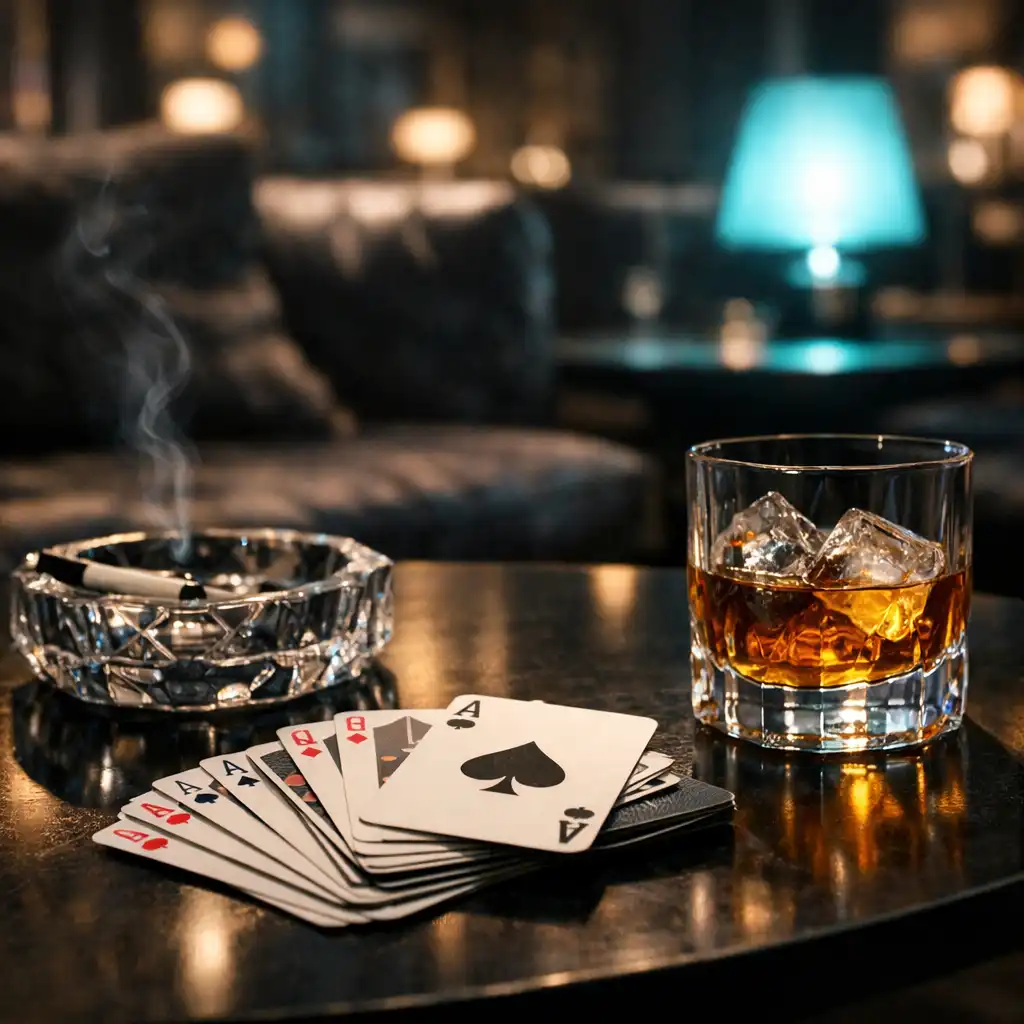 A close view of a lounge table with playing cards, a crystal ashtray, and a glass of whiskey, surrounded by soft charcoal and cyan lighting