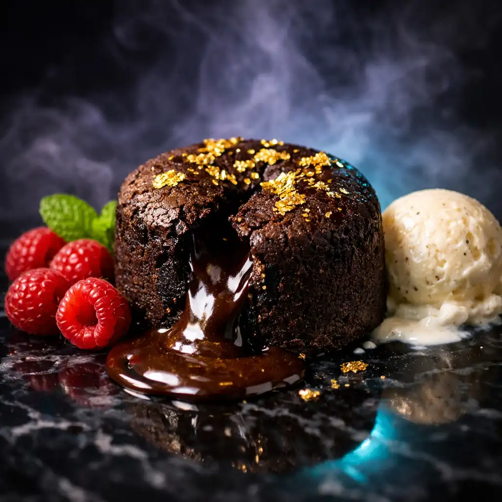 Chocolate fondant with gold leaf and vanilla ice cream