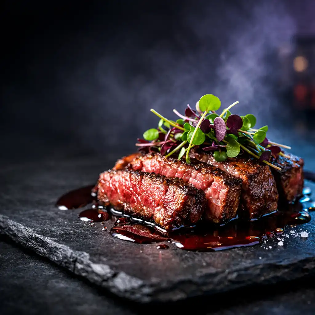 Seared wagyu dish with microgreens and red wine jus on a dark table