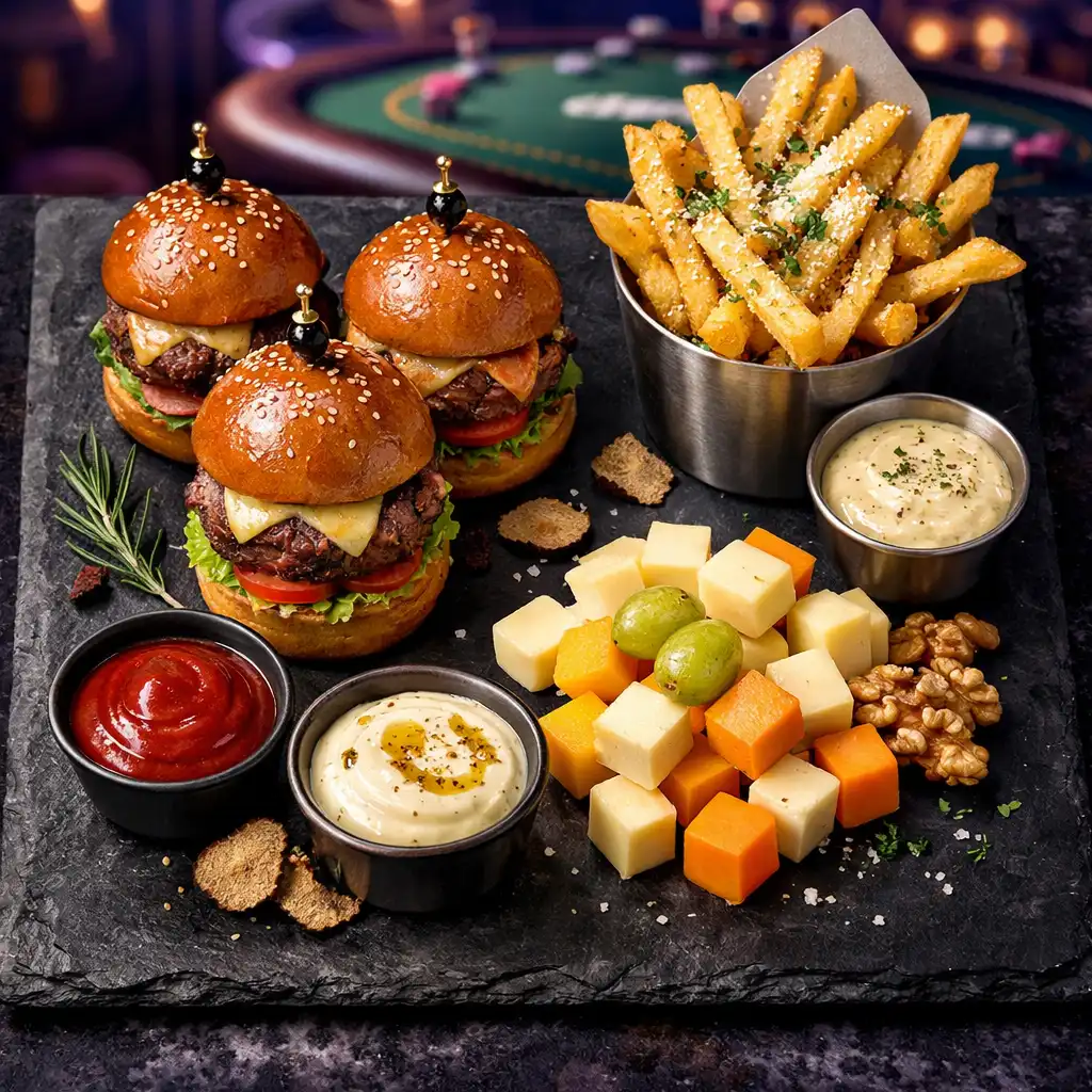 Platter of mini wagyu sliders, truffle fries, and cheese