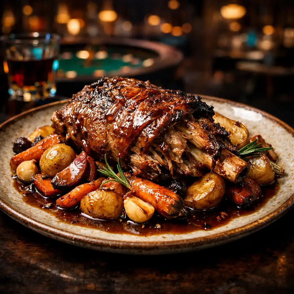 Slow-roasted lamb shoulder with roasted vegetables