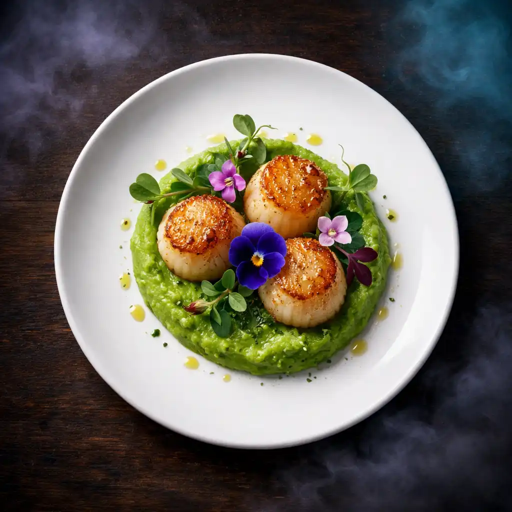 Seared scallops on pea puree with microgreens