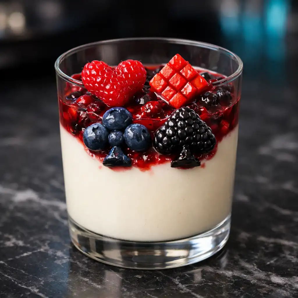 Poker Face Panna Cotta with berry compote arranged like playing card suits