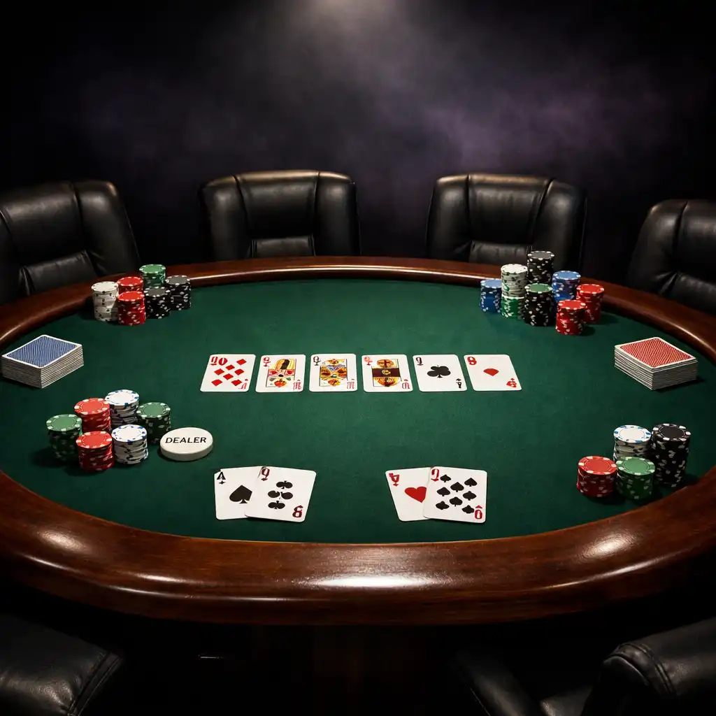 Professional poker table with dark wood rim, deep green felt, playing cards, and chips under focused overhead lighting