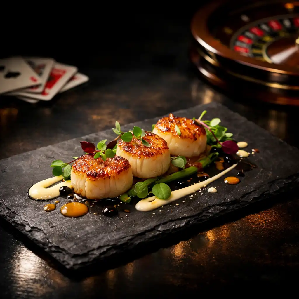 Seared scallops plated on dark slate with subtle casino elements blurred in the background
