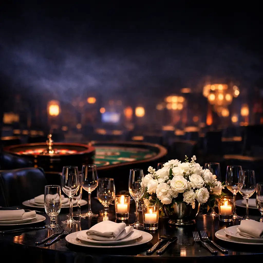 Elegant dining table prepared for a private event with a softly lit casino lounge in the background