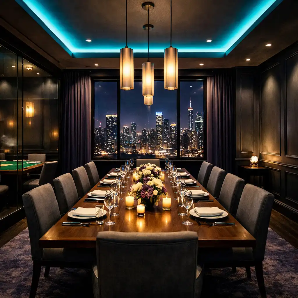 Private dining room with a long wooden table, pendant lighting, and a city night view through a large window