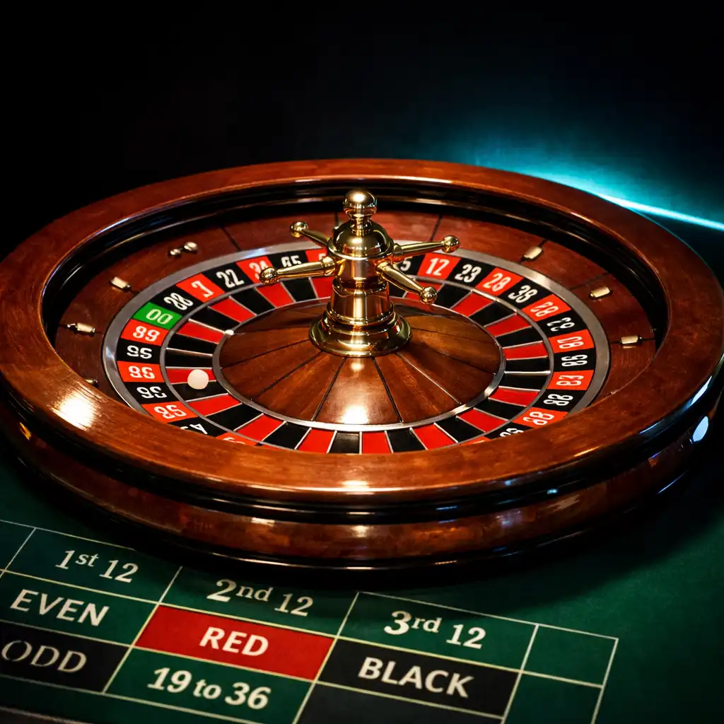 Classic European roulette wheel with polished wooden rim and vibrant felt layout under a soft spotlight