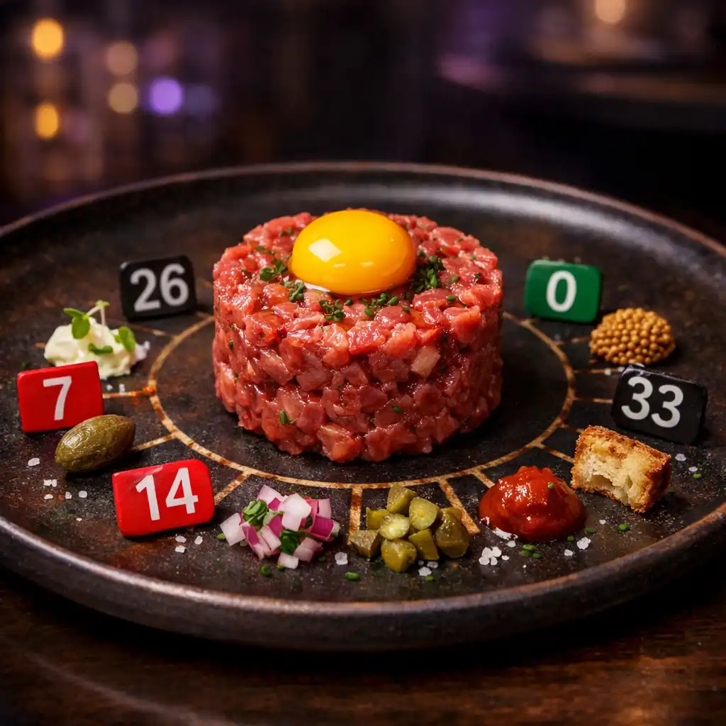 Roulette Tartare with quail egg yolk and numbered garnishes on a dark ceramic plate