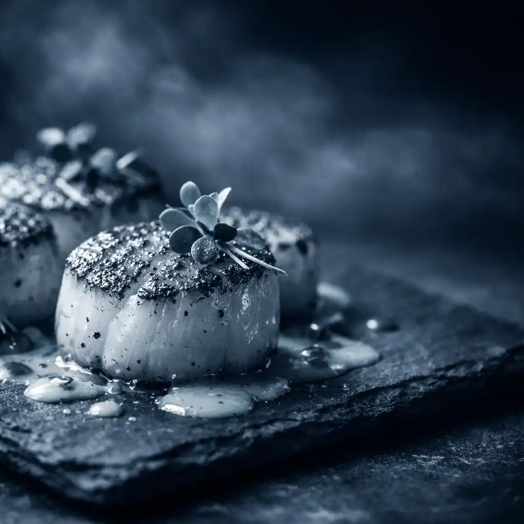 Seared scallops on a dark slate plate with micro herbs and citrus beurre blanc
