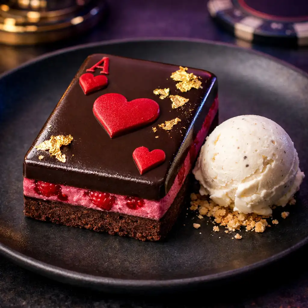 Chocolate and raspberry dessert shaped like a playing card