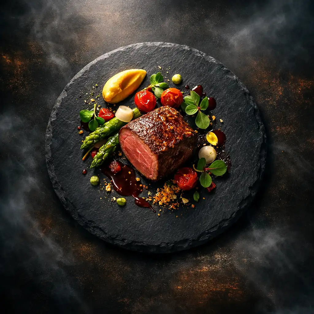 Elegantly plated signature dish on a dark slate plate with dramatic lighting