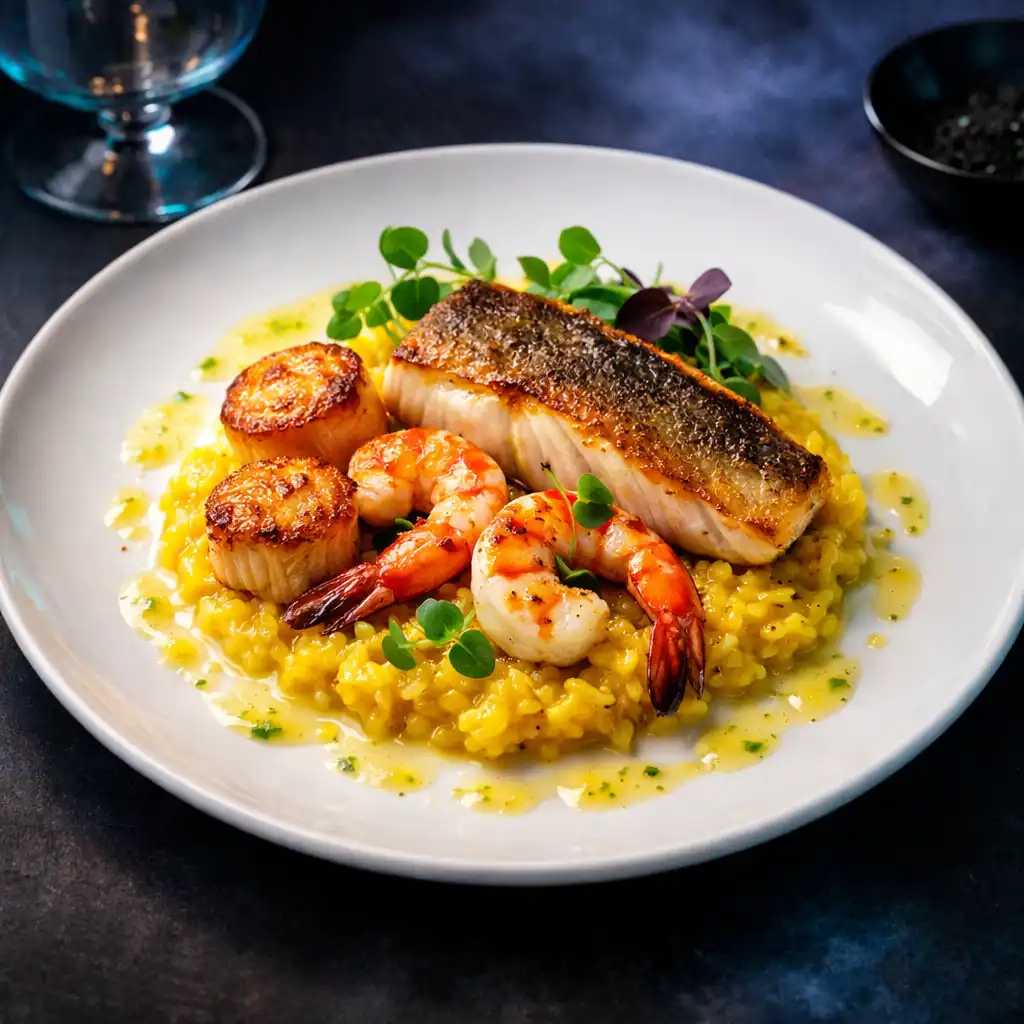Seafood dish with scallops, prawns, and fish on saffron risotto
