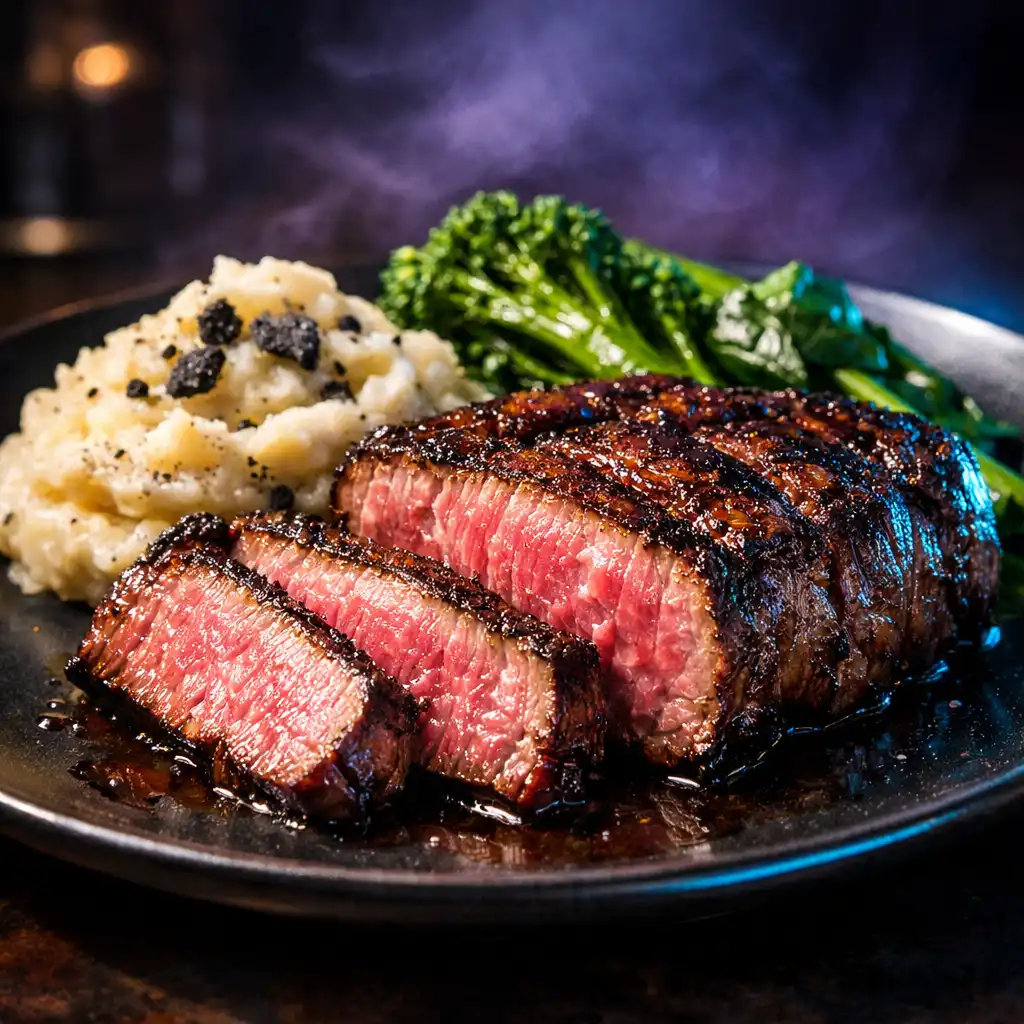 Sliced wagyu steak with truffle mash and seasonal greens