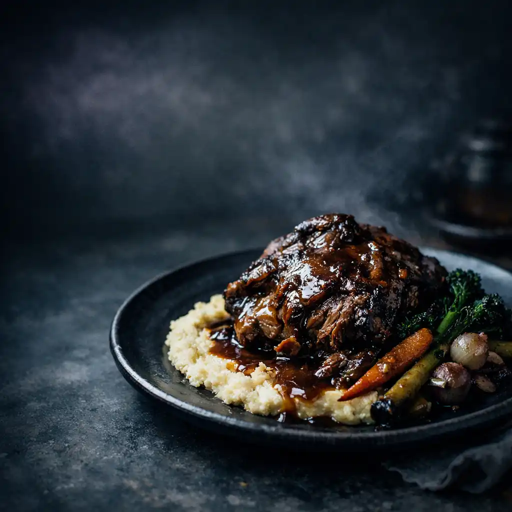 Slow-braised lamb shoulder with creamy polenta and seasonal vegetables